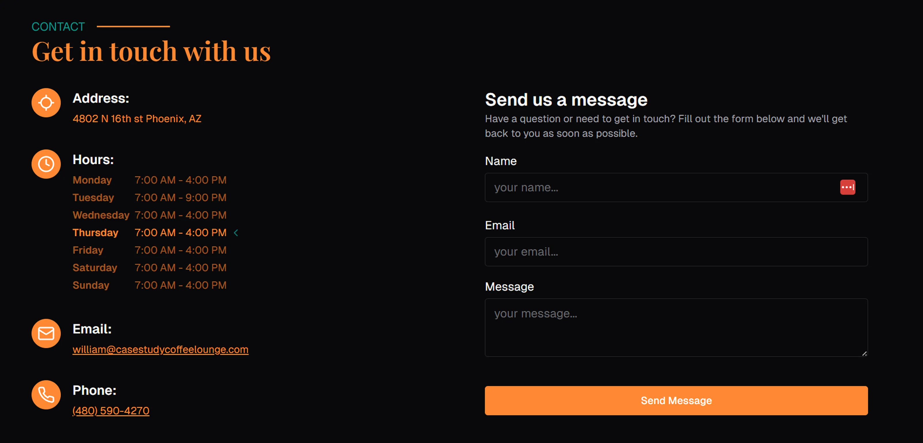 Case Study Coffee Lounge store hours section design