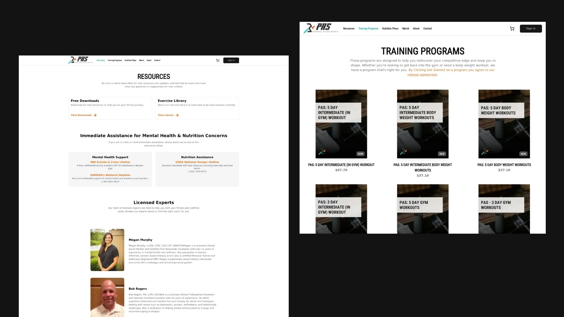Purpose After Sports website screenshot